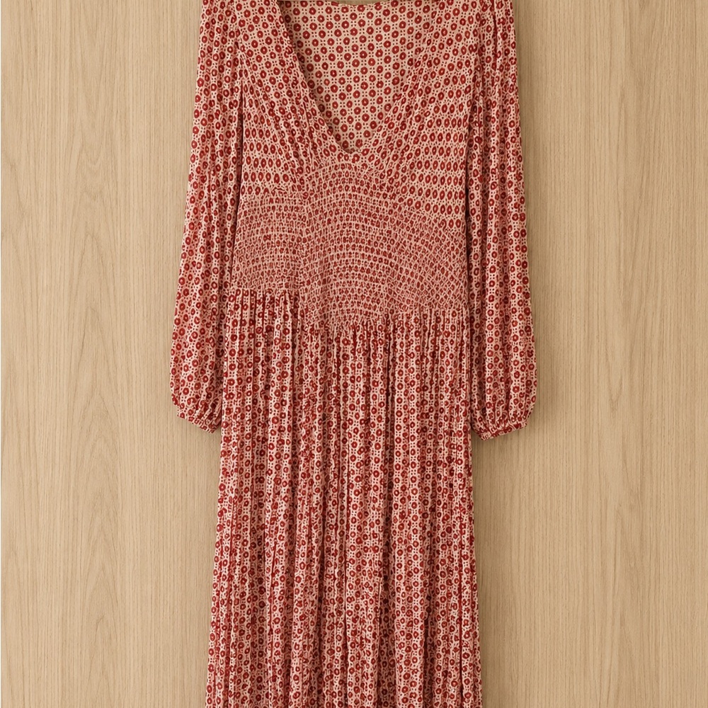 Free People Boho Red Floral V-Neck Long Sleeve Maxi Dress